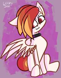 Size: 1280x1635 | Tagged: safe, artist:ukedideka, oc, oc:lumen afterglow, pegasus, pony, collar, colored pupils, ear piercing, eyebrow piercing, eyebrow slit, eyebrows, female, looking back, piercing, signature, simple background, sitting, smiling, solo, spread wings, wings