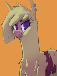 Size: 1245x1643 | Tagged: safe, artist:hitsuji, paprika (tfh), alpaca, them's fightin' herds, blanket, clothes, community related, ear piercing, piercing, punk, simple background, solo, torn clothes