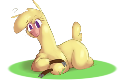 Size: 2028x1352 | Tagged: safe, artist:hitsuji, paprika (tfh), alpaca, them's fightin' herds, cloven hooves, community related, head tilt, prone, question mark, simple background, solo, transparent background