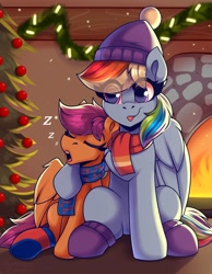 Size: 1750x2250 | Tagged: safe, artist:shadowreindeer, rainbow dash, scootaloo, pegasus, pony, g4, :p, christmas, christmas tree, clothes, cute, cutealoo, dashabetes, duo, duo female, eye clipping through hair, eyes closed, female, filly, fire, fireplace, foal, happy new year, holiday, mare, onomatopoeia, scarf, scootalove, sleeping, sound effects, tongue out, tree, zzz