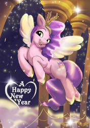 Size: 1024x1449 | Tagged: safe, artist:neoshrek, pipp petals, pegasus, pony, g5, my little pony: a new generation, adorapipp, cloud, cute, female, flying, happy, happy new year, happy new year 2022, headband, holiday, mare, open mouth, open smile, smiling, solo