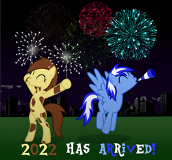 Size: 7000x6500 | Tagged: safe, artist:strategypony, oc, oc only, oc:sandy sweet, oc:sirius, earth pony, pegasus, pony, 2022, absurd file size, absurd resolution, bipedal, celebration, earth pony oc, eyes closed, fireworks, happy new year, happy new year 2022, holiday, horn, jumping, mottled coat, new year, night, party horn, pegasus oc, tail, text, two toned mane, two toned tail