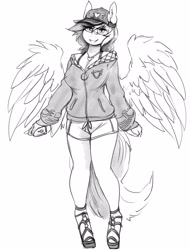 Size: 2274x3000 | Tagged: safe, artist:replica, oc, oc only, oc:array, pegasus, anthro, unguligrade anthro, cap, cellphone, clothes, doodle, female, glasses, hat, high res, holding, jacket, lidded eyes, looking at you, mare, monochrome, phone, shorts, simple background, sketch, smartphone, smiling, solo, spread wings, white background, wings
