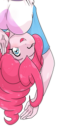 Size: 581x1280 | Tagged: safe, artist:batipin, part of a set, pinkie pie, equestria girls, g4, breasts, busty pinkie pie, female, looking at you, one eye closed, open mouth, simple background, solo, transparent background, upside down, wink