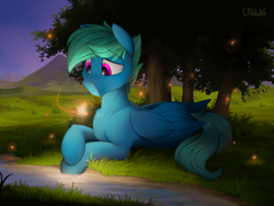 Size: 3500x2631 | Tagged: safe, artist:uliovka, oc, oc only, oc:supermoix, butterfly, pegasus, pony, eyebrows, eyebrows visible through hair, high res, looking down, lying down, male, pegasus oc, prone, scenery, smiling, solo, stallion, tree, wings