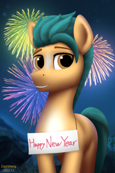 Size: 2000x3000 | Tagged: safe, artist:dash wang, hitch trailblazer, earth pony, pony, g5, my little pony: a new generation, fireworks, happy new year, happy new year 2022, high res, holiday, new year, sign, solo