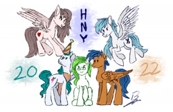 Size: 2000x1300 | Tagged: safe, artist:benzayngcup, oc, earth pony, pegasus, pony, happy new year 2022, solo