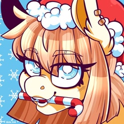 Size: 476x476 | Tagged: safe, artist:lrusu, oc, oc only, pony, candy, candy cane, christmas, eyebrows, eyebrows visible through hair, food, hat, holiday, mouth hold, santa hat, solo, white pupils