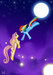 Size: 1500x2122 | Tagged: safe, artist:firstsky, fluttershy, rainbow dash, firefly (insect), insect, pegasus, pony, g4, duo, female, flying, lesbian, moon, night, night sky, ship:flutterdash, shipping, sky