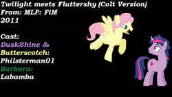 Size: 1280x720 | Tagged: safe, artist:philsterman, fluttershy, twilight sparkle, pegasus, pony, unicorn, friendship is magic, g4, butterscotch, dusk shine, genderbent reenactment, male, meeting, my little colt, reenactment, rule 63, stallion, youtube, youtube link, youtuber