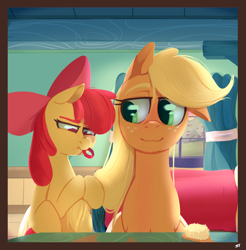 Size: 2100x2130 | Tagged: safe, artist:storyteller, apple bloom, applejack, earth pony, pony, g4, apple sisters, bedroom, bow, brush, cute, female, filly, foal, hair bow, high res, mare, siblings, sisters, window