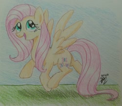 Size: 1260x1093 | Tagged: safe, artist:prinrue, fluttershy, g4, prancing, shadow, signature, smiling, solo, spread wings, traditional art, wings