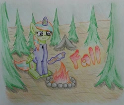 Size: 1300x1102 | Tagged: safe, artist:prinrue, oc, oc only, oc:starshine note, alicorn, pony, alicorn oc, autumn, campfire, female, fire, glowing, glowing horn, horn, mare, pine tree, solo, traditional art, tree, wings