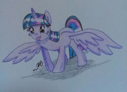 Size: 1224x880 | Tagged: safe, artist:prinrue, twilight sparkle, alicorn, pony, g4, female, happy, mare, shadow, smiling, solo, spread wings, traditional art, twilight sparkle (alicorn), wings