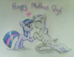 Size: 1280x1000 | Tagged: safe, artist:prinrue, twilight sparkle, twilight velvet, pony, unicorn, g4, duo, duo female, female, filly, filly twilight sparkle, foal, mare, mother and child, mother and daughter, mother's day, traditional art, unicorn twilight, younger