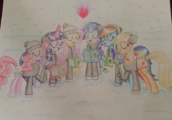 Size: 1604x1119 | Tagged: safe, artist:prinrue, applejack, fluttershy, pinkie pie, rainbow dash, rarity, twilight sparkle, alicorn, earth pony, pegasus, pony, unicorn, g4, applejack's hat, bundled up for winter, caroling, christmas, clothes, cowboy hat, earmuffs, female, fire of friendship, glowing, glowing horn, hat, holiday, horn, jacket, magic, mane six, mare, snow, stetson, sweater, traditional art, twilight sparkle (alicorn), winter clothes, winter outfit