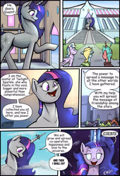 Size: 1920x2816 | Tagged: safe, artist:shieltar, part of a set, rainbow dash, twilight sparkle, oc, pony, unicorn, comic:giant twilight, g4, bigger than a planet, building, comic, cute, dialogue, ethereal mane, female, giant pony, giant twilight sparkle, giantess, high res, macro, mare, misspelling, open mouth, part of a series, signature, size difference, twiabetes, unicorn twilight