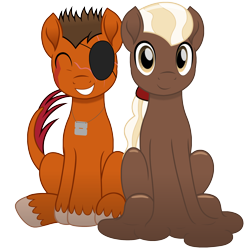 Size: 1886x1886 | Tagged: safe, artist:badumsquish, derpibooru exclusive, oc, oc only, oc:chocolate medley, oc:rustback, goo, goo pony, monster pony, original species, tatzlpony, 2022 community collab, derpibooru community collaboration, my little pony: the movie, bashful, buzz cut, chocolate, dog tags, duo, eyepatch, eyes closed, food, grin, looking at you, male, melting, not chocolate, ponytail, scar, shiny, side by side, simple background, sitting, smiling, style emulation, transparent background, unshorn fetlocks