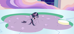 Size: 4939x2301 | Tagged: safe, artist:badumsquish, derpibooru exclusive, mean twilight sparkle, goo, goo pony, original species, g4, games ponies play, the mean 6, bedroom eyes, bubble, bubbling, clone, crystal empire, goo pony bath, hot tub, looking at you, lying down, melting, missing cutie mark, mud, mud bath, night, pillow, prone, smiling, smirk, spa, squishy, swimming pool, window
