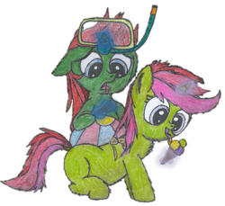 Size: 1093x1001 | Tagged: safe, artist:vovi, oc, oc only, oc:plum virgin sentry, oc:void virgin sparkles, pony, unicorn, 2022 community collab, derpibooru community collaboration, brother and sister, colt, dive mask, dock, female, filly, foal, happy, ice cream, male, siblings, simple background, sitting, summer, transparent background, unhappy