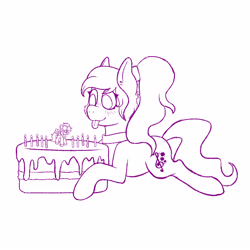 Size: 3000x3000 | Tagged: safe, artist:raspy, rainbow dash, oc, oc only, oc:violet ray, earth pony, pony, cake, candle, choker, figurine, food, frosting, hairband, high res, lying down, monochrome, prone, simple background, sketch, solo, sparkles, tongue out