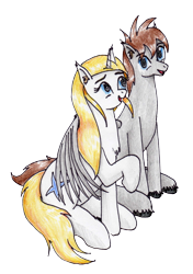 Size: 2336x3324 | Tagged: safe, artist:40kponyguy, derpibooru exclusive, editor:darkhooves, editor:nightshadowmlp, oc, oc only, oc:jezza, oc:tecuro, pegasus, pony, unicorn, 2022 community collab, derpibooru community collaboration, background edit, background removed, chest fluff, couple, cute, duo, duo male and female, ear fluff, female, high res, hug, looking at each other, looking at someone, male, mare, raised hoof, simple background, stallion, traditional art, transparent background, unshorn fetlocks, winghug, wings