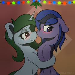 Size: 2048x2048 | Tagged: safe, artist:darbedarmoc, oc, oc:luamore, oc:minerva, pegasus, pony, unicorn, blushing, boop, female, floppy ears, garland, high res, holly, holly mistaken for mistletoe, hug, imminent kissing, lesbian, not sure if want, red eyes, shy, smiling