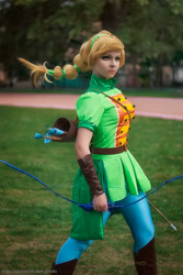 Size: 803x1200 | Tagged: safe, artist:bizarre-deer, applejack, human, equestria girls, g4, my little pony equestria girls: friendship games, arrow, bow (weapon), bow and arrow, clothes, cosplay, costume, irl, irl human, photo, weapon