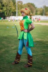 Size: 803x1200 | Tagged: safe, artist:bizarre-deer, applejack, human, equestria girls, g4, my little pony equestria girls: friendship games, 2017, bow (weapon), clothes, cosplay, costume, irl, irl human, photo