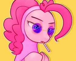 Size: 1354x1080 | Tagged: safe, artist:makaryo, pinkie pie, earth pony, pony, g4, bodysuit, cigarette, clothes, female, filthy frank, glasses, mare, outline, pink guy, polka dot background, solo, squint, white outline