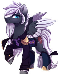 Size: 600x753 | Tagged: safe, artist:cabbage-arts, oc, oc only, pegasus, pony, blaze (coat marking), clothes, coat markings, commission, facial markings, male, raised hoof, simple background, solo, spread wings, transparent background, wings