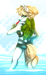 Size: 600x962 | Tagged: safe, artist:cabbage-arts, oc, oc only, pegasus, anthro, anthro oc, beach, clothes, female, food, hand on hip, looking back, pegasus oc, popsicle, solo, swimsuit