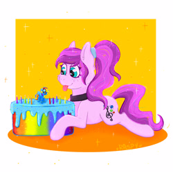 Size: 3000x3000 | Tagged: safe, artist:raspy, rainbow dash, oc, oc only, oc:violet ray, earth pony, pony, g4, cake, candle, choker, colored, cutie mark, figurine, food, frosting, hairband, high res, lying down, prone, simple background, solo, sparkles, tongue out