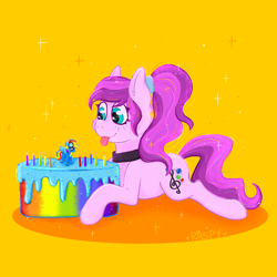 Size: 3000x3000 | Tagged: safe, alternate version, artist:raspy, rainbow dash, oc, oc only, oc:violet ray, earth pony, pony, g4, cake, candle, choker, cutie mark, figurine, food, frosting, hairband, high res, lying down, monochrome, prone, simple background, sketch, solo, sparkles, tongue out