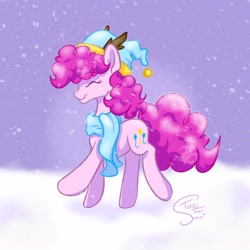 Size: 2048x2048 | Tagged: safe, artist:turtletroutstudios, pinkie pie, earth pony, pony, g4, clothes, hat, high res, scarf, snow, solo, winter hat