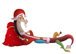 Size: 3507x2480 | Tagged: safe, artist:janelearts, discord, draconequus, g4, christmas, clothes, costume, hands behind back, high res, holiday, looking at you, lying down, on back, santa costume, simple background, smiling, smiling at you, solo, transparent background