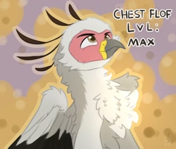 Size: 1650x1400 | Tagged: safe, artist:nighty, oc, oc:vistamage, griffon, abstract background, beak, bust, chest fluff, gift art, griffon oc, happy, male, solo, text, wings