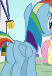 Size: 240x346 | Tagged: safe, edit, edited screencap, screencap, fluttershy, rainbow dash, pegasus, pony, g4, the ending of the end, butt, cropped, female, plot, rainbutt dash, rear view, solo focus, youtube, youtube link