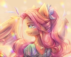 Size: 1200x965 | Tagged: safe, artist:zefirka, fluttershy, butterfly, pegasus, pony, alternate hairstyle, blurry background, blushing, circlet, clothes, cute, cutie mark accessory, dress, eyeshadow, feather, female, makeup, mare, profile, shyabetes, smiling, solo