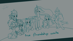 Size: 1920x1080 | Tagged: safe, artist:pearly* marshmallow, edit, applejack, fluttershy, pinkie pie, rainbow dash, rarity, spike, twilight sparkle, alicorn, dragon, earth pony, pegasus, pony, unicorn, g4, the last problem, framed picture, gigachad spike, mane seven, mane six, monochrome, older, older applejack, older fluttershy, older mane seven, older mane six, older pinkie pie, older rainbow dash, older rarity, older spike, older twilight, older twilight sparkle (alicorn), princess twilight 2.0, redraw, twilight sparkle (alicorn), winged spike, wings
