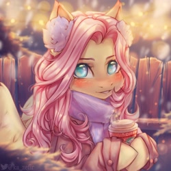 Size: 3000x3000 | Tagged: safe, alternate version, artist:zefirka, fluttershy, pegasus, pony, g4, blushing, cheek fluff, clothes, coat, coffee cup, cup, cute, earmuffs, fence, happy new year 2022, heart, high res, holiday, hoof hold, looking at you, scarf, shyabetes, smiling, snow, snowfall, solo, speedpaint, starbucks, winter