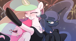 Size: 2773x1500 | Tagged: safe, artist:nookprint, princess celestia, princess luna, alicorn, pony, g4, 2021, alcohol, black dress, blushing, clothes, dress, drunk, drunk bubbles, drunklestia, duo, elegant, eyes closed, fireworks, floppy ears, glass, gloves, glowing, glowing horn, go home you're drunk, grin, happy new year, happy new year 2022, holiday, horn, jewelry, luna is not amused, necklace, royal sisters, siblings, sisters, smiling, unamused, wine, wine glass