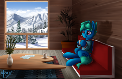 Size: 5100x3300 | Tagged: safe, artist:supermoix, oc, oc only, oc:supermoix, pegasus, pony, beautiful, cabin, clothes, cloud, couch, day, folded wings, forest, indoors, lidded eyes, male, mountain, scenery, sky, smiling, snow, solo, stallion, sweater, table, tree, window, wings