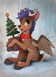 Size: 1550x2100 | Tagged: safe, artist:yakovlev-vad, oc, oc only, oc:arny, deer, deer pony, original species, peryton, christmas, christmas tree, holiday, lacrimal caruncle, slender, snow, snowfall, solo, spread wings, thin, tree, wings