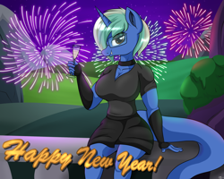Size: 2500x2000 | Tagged: safe, artist:novaspark, oc, oc only, oc:nova spark, monster pony, original species, tatzlpony, anthro, alcohol, big breasts, breasts, champagne, champagne glass, clothes, female, fireworks, glasses, happy new year, happy new year 2022, high res, holiday, looking at you, meganekko, sexy, solo, wine