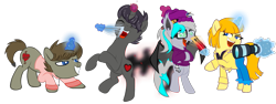 Size: 1175x442 | Tagged: safe, artist:darktailsko, oc, oc only, oc:batilla, oc:darkknighthoof, oc:darkknightshade, oc:tippy toes, bat pony, pony, unicorn, augmented, augmented tail, bat pony oc, beanie, bipedal, camera, clothes, coat, corset, eyes closed, feather, female, glasses, glowing, glowing horn, grin, hat, hoodie, horn, levitation, magic, male, mare, open mouth, pants, pencil, pink sweater, raised hoof, raised leg, simple background, smiling, stallion, sweater, sweater meme, tail, telekinesis, tickling, transparent background