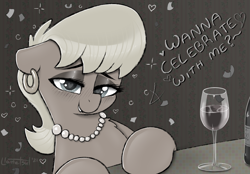 Size: 1944x1356 | Tagged: safe, artist:llametsul, ms. harshwhinny, earth pony, pony, g4, alcohol, bedroom eyes, blushing, bottle, chest fluff, confetti, cougar, dialogue, drunk, ear piercing, earring, eyeshadow, female, glass, go home you're drunk, happy new year, heart, heart eyes, holiday, jewelry, lidded eyes, looking at you, makeup, monochrome, necklace, pearl necklace, piercing, sketch, smiling, smiling at you, solo, text, wine, wine bottle, wine glass, wingding eyes