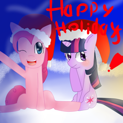 Size: 1024x1024 | Tagged: safe, artist:skullbow09, pinkie pie, twilight sparkle, earth pony, pony, unicorn, g4, christmas, duo, female, hat, holiday, santa hat, snow, unicorn twilight