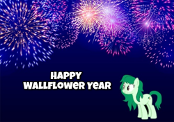 Size: 1532x1080 | Tagged: safe, wallflower blush, pony, g4, cute, fireworks, happy, happy new year, holiday, ponified, wallflower year