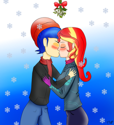 Size: 2319x2527 | Tagged: safe, artist:film77asq, flash sentry, sunset shimmer, human, equestria girls, g4, christmas, duo, female, high res, holiday, kiss on the lips, kissing, male, mistletoe, ship:flashimmer, shipping, snow, straight